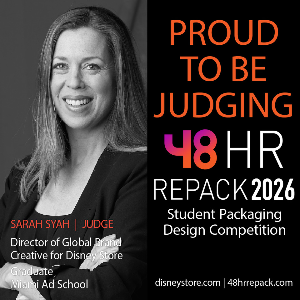 A graphic featuring Miami Ad School graduate Sarah Syah, Director of Global Brand Creative for Disney Store, announcing her role as a judge for the 48-Hour Repack 2026 Student Packaging Design Competition.