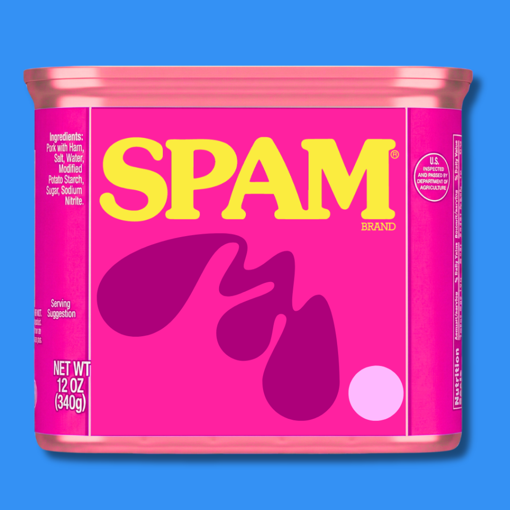 A stylized, bright pink can of SPAM with yellow lettering and a dark purple abstract MAS logo, set against a solid blue background.