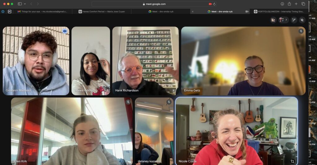 A screenshot of a lively Google Meet video call with seven participants smiling and engaging from various locations.