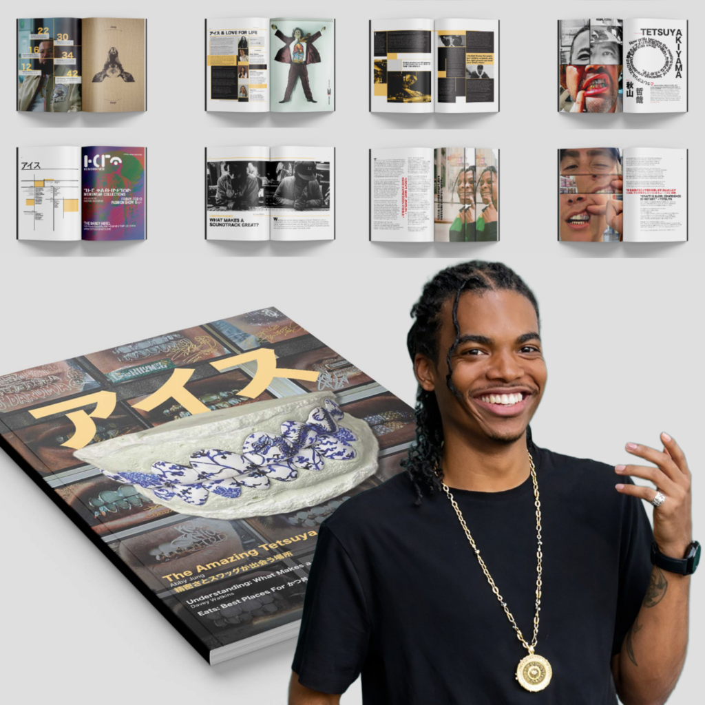 A smiling Zion Nolan stands next to a large mockup of his magazine cover, "AISU," which features a unique set of teeth grills with a blue and white porcelain pattern. Above them is a grid of eight different open magazine spreads showcasing his layout, photography, and editorial design skills.