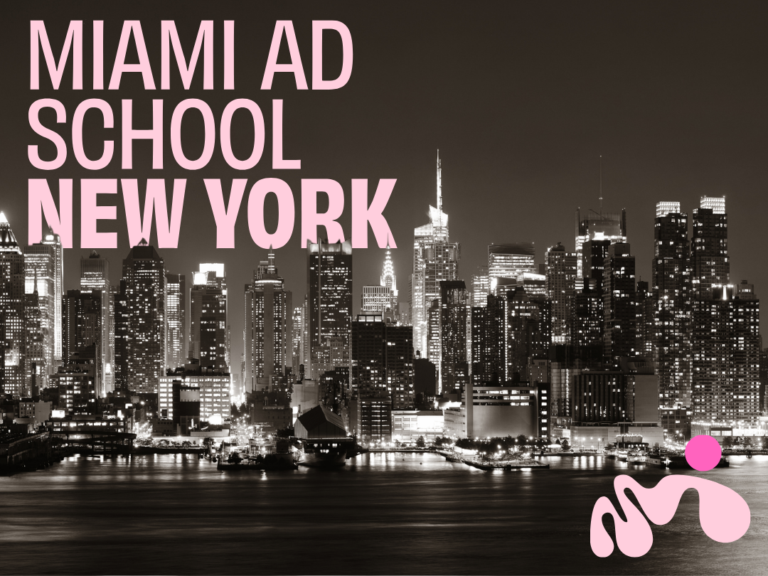 Miami Ad School New York bold pink typography over a black-and-white Midtown Manhattan skyline at night with an abstract pink graphic icon in the lower corner.