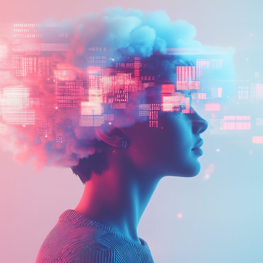A person with a short hairstyle is portrayed in profile, featuring a surreal floating array of colorful digital data and cloud-like elements above their head.